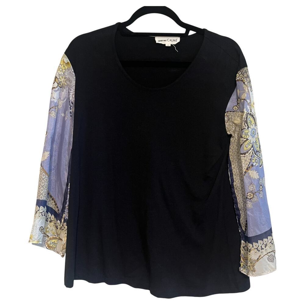 Johnny Was Calme Scarf Silk Floral 3/4 Sleeve Top Blouse Black Size XS